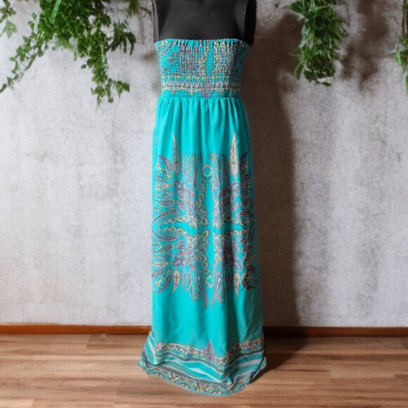 Teal Strapless Paisley Boho Flowy Dress - Picture 1 of 5